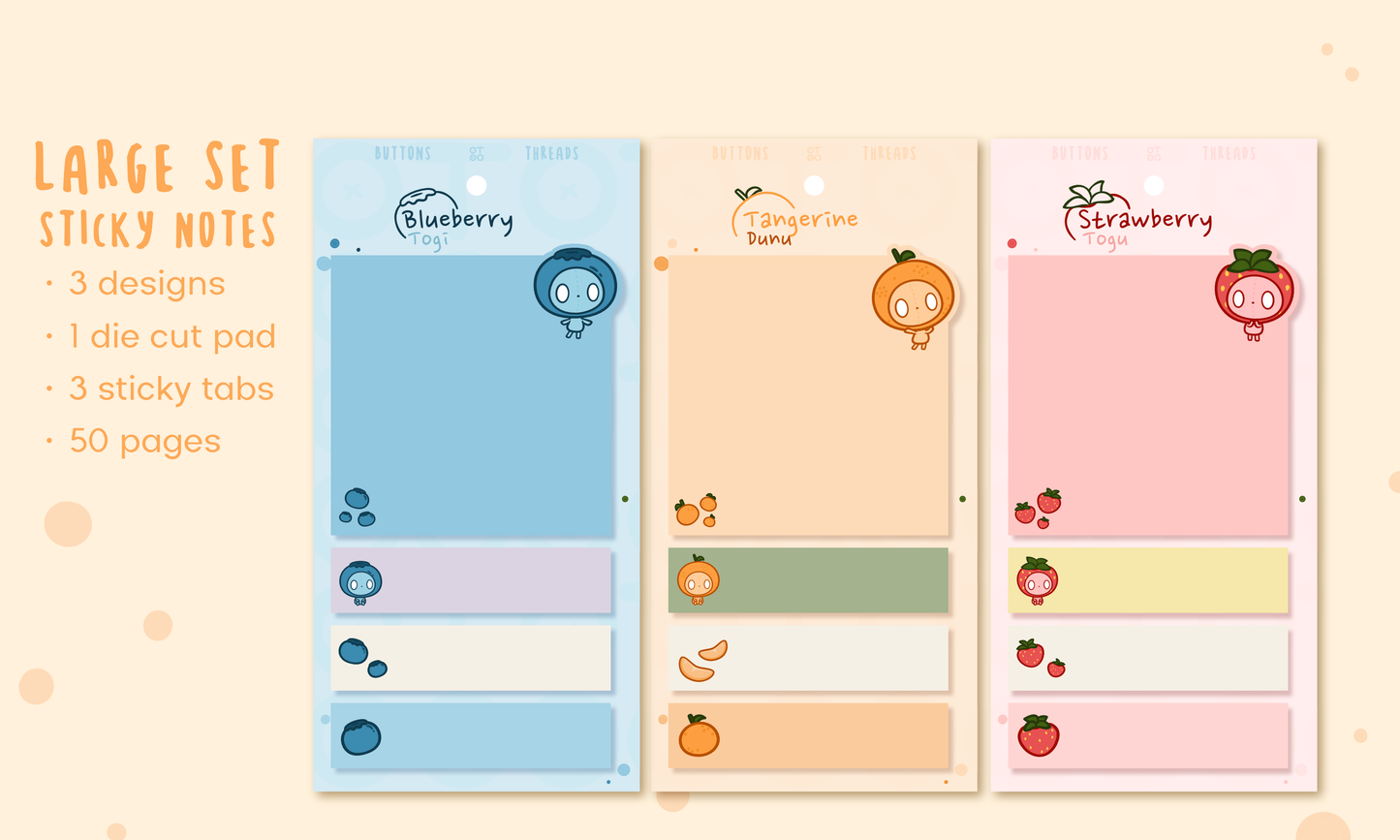 Cute Fruity Sticky Note Set, Blueberry, Strawberry, Tangerine